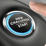Finger about to press a challenge button. Ambitious man, motivation concept.